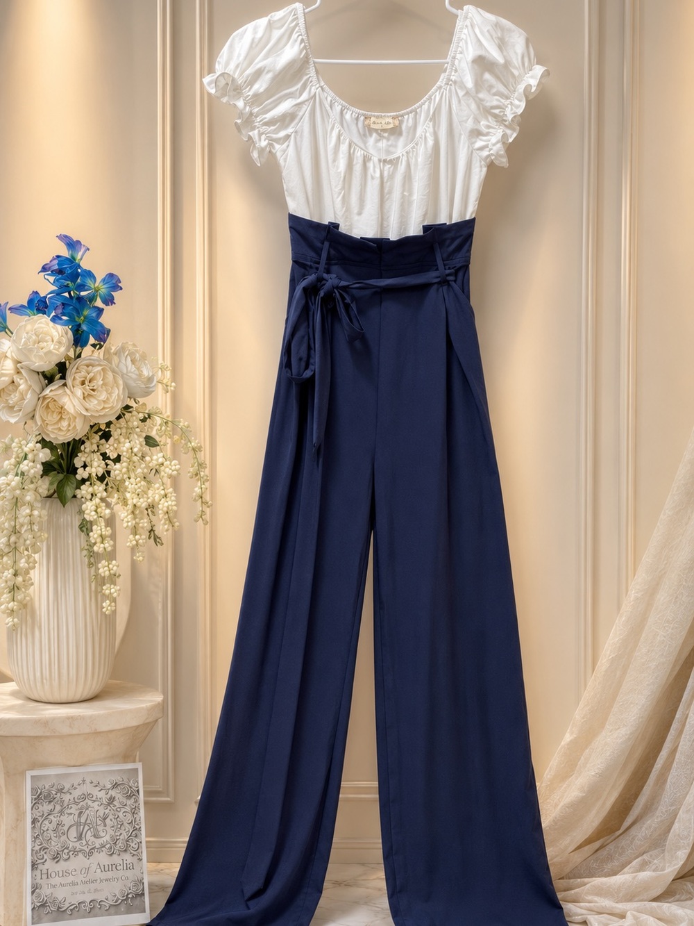 Altar'd State Navy High-Waist Wide-Leg Pants with Tie Waist